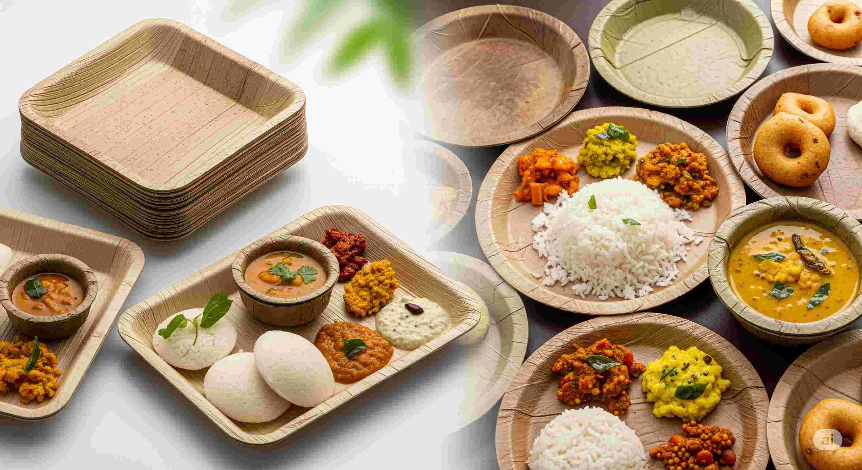 Biodegradable areca leaf plates with food